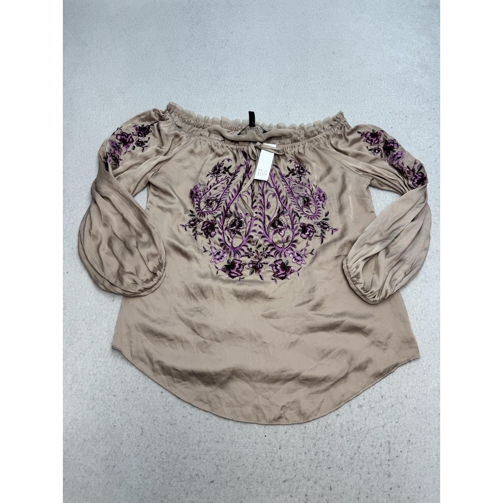 White House Black Market Blouse Womens Small Beige Embroidered Off Shoulder